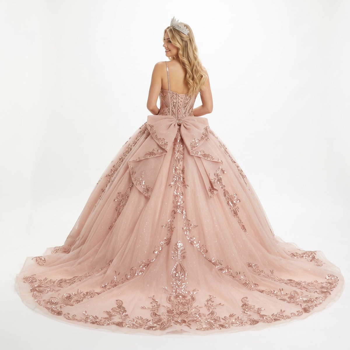 Quinceañera Ball Gown with Beaded Corset Bodice Glitter Tulle Skirt & Crystal Tiara By LK294