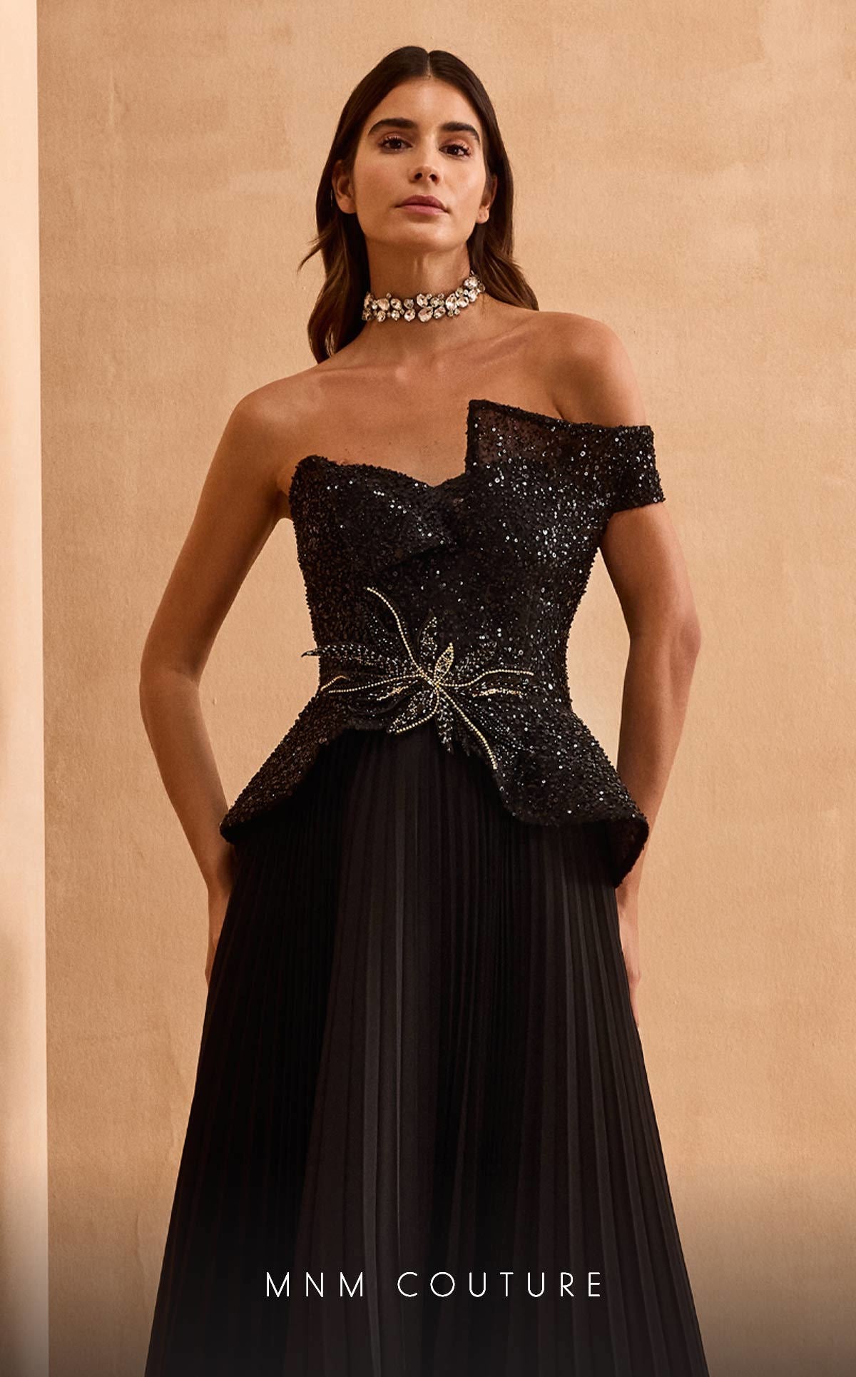MNM Couture V07282 Off-Shoulder Pleated Evening Gown