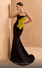 MNM Couture V07421 Strapless Black Green Gown with Floral Detail