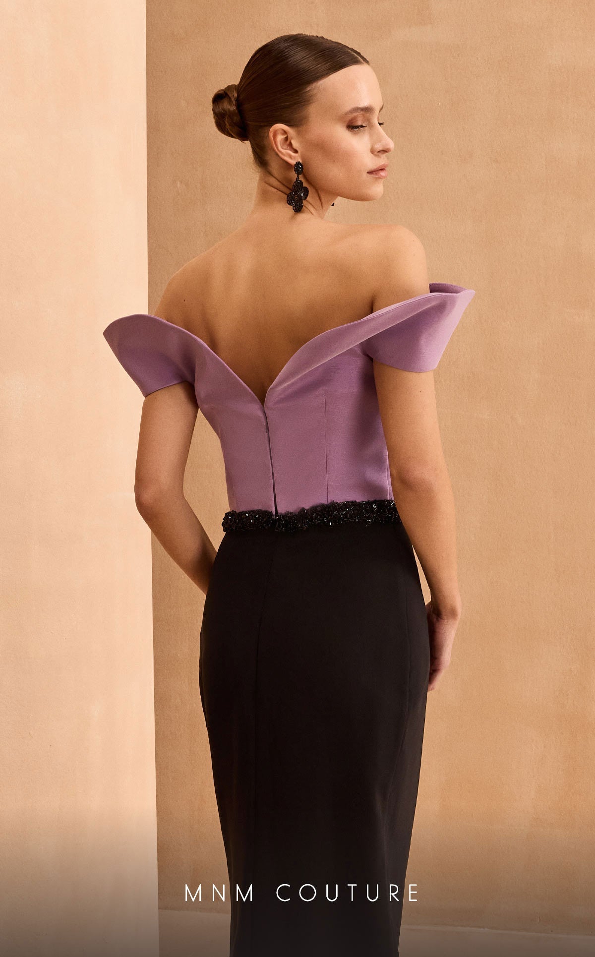 MNM Couture V07428: Off-Shoulder Gown with Sculpted Bodice in Black-Purple