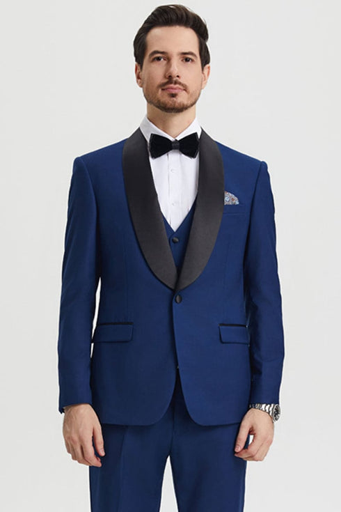 Mens Stacy Adams Suit - Stacy Adams Suit Men's Designer Tuxedo - Vested One Button Shawl Lapel in Indigo Blue