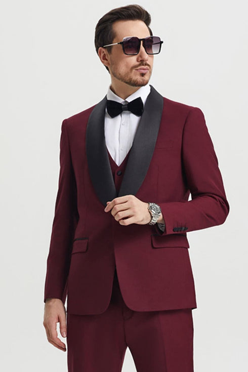 Father And Son Matching Suits - Burgundy Tuxedo - Flap Two Pockets