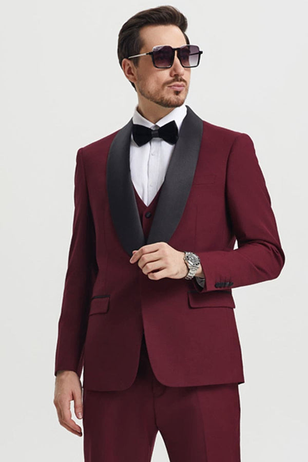 Father And Son Matching Suits - Burgundy Tuxedo - Flap Two Pockets