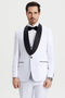 White Stacy Adams tuxedo with black satin shawl lapel, single button, and matching vest. Features two front pockets with black trim and white trousers.
