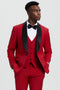 Stacy Adams red one-button tuxedo with shawl lapel and five-button vest. Includes matching pants. Features a smooth finish and contrasting black lapel detail for a formal look.
