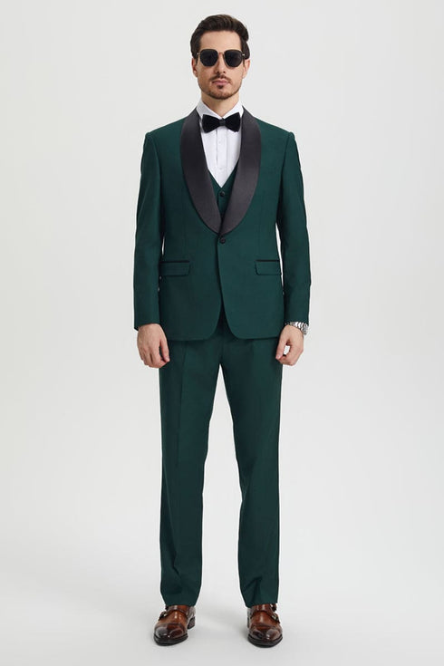 Mens Stacy Adams Suit - Stacy Adams Suit Men's Designer Tuxedo - Vested One Button Shawl Lapel in Hunter Green