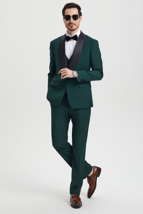 Mens Stacy Adams Suit - Stacy Adams Suit Men's Designer Tuxedo - Vested One Button Shawl Lapel in Hunter Green