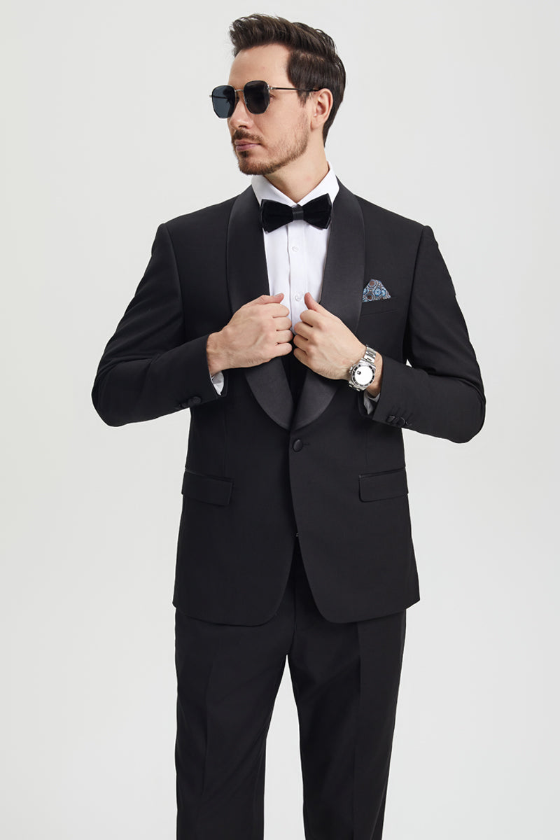 Men's Stacy Adams tuxedo: Black, fitted, one-button. Shawl lapel, matching vest. Smooth, tailored material for a structured look. Perfect for formal events.
