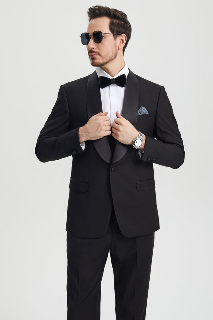 Men's Stacy Adams tuxedo: Black, fitted, one-button. Shawl lapel, matching vest. Smooth, tailored material for a structured look. Perfect for formal events.
