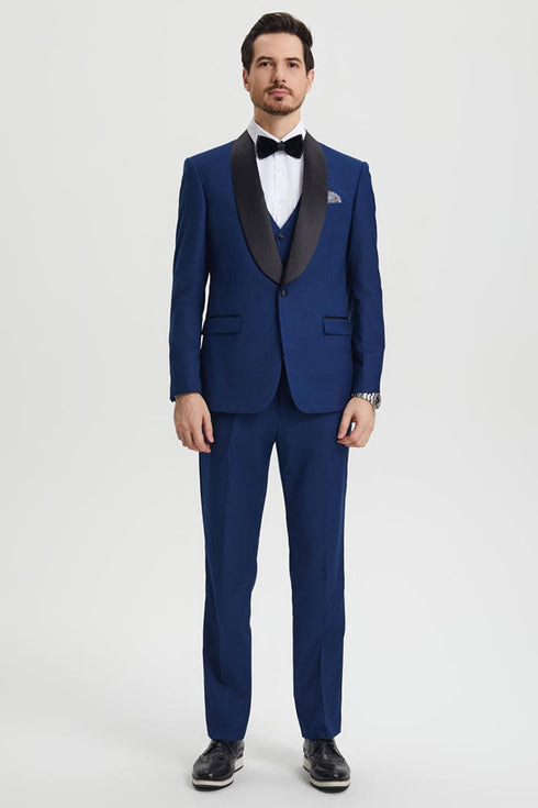 "Mens Stacy Adams Suit - Stacy Adams  Suit Men's Designer Tuxedo - Vested One Button Shawl Lapel in Indigo Blue"