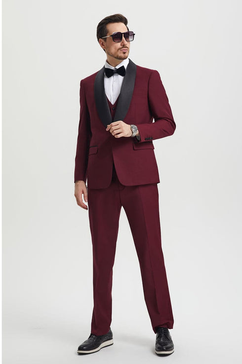 Mens Stacy Adams Suit - Stacy Adams Suit Men's Designer Tuxedo - Vested One Button Shawl Lapel in Burgundy