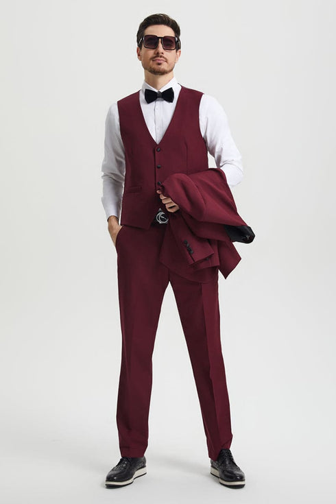 Mens Stacy Adams Suit - Stacy Adams Suit Men's Designer Tuxedo - Vested One Button Shawl Lapel in Burgundy