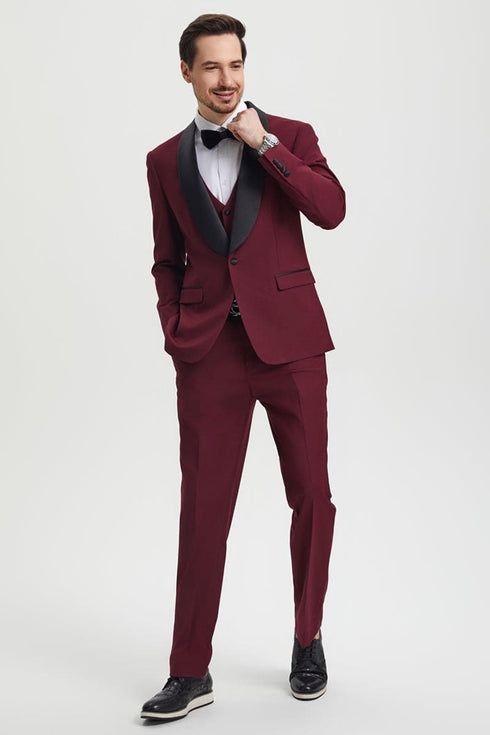 Mens Stacy Adams Suit - Stacy Adams Suit Men's Designer Tuxedo - Vested One Button Shawl Lapel in Burgundy