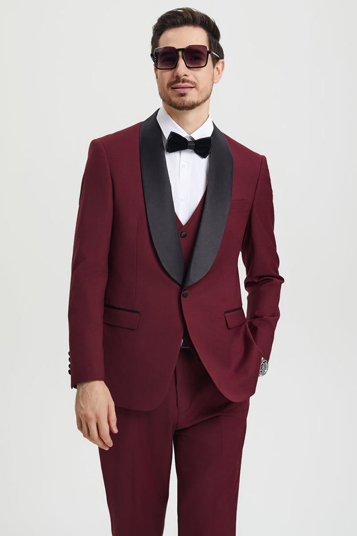 Men's Stacy Adams Vested One Button Shawl Lapel Designer Tuxedo in Burgundy