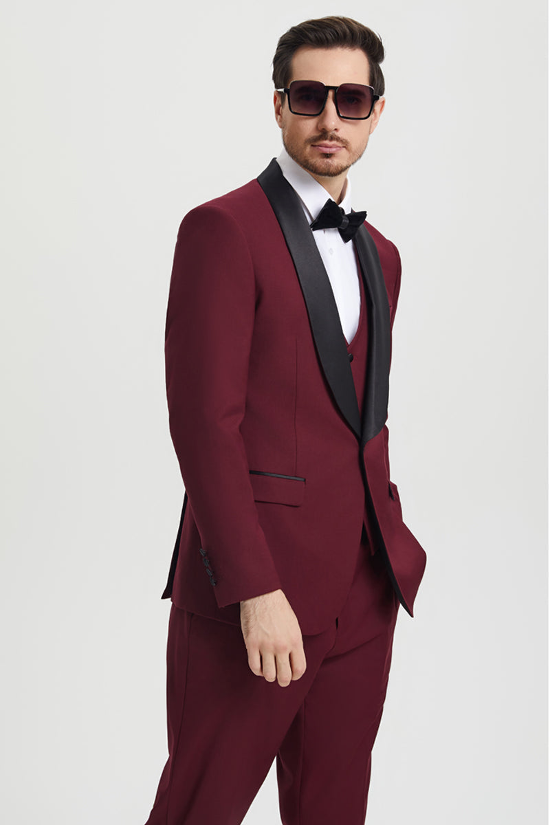Men's Stacy Adams Vested One Button Shawl Lapel Designer Tuxedo in Burgundy