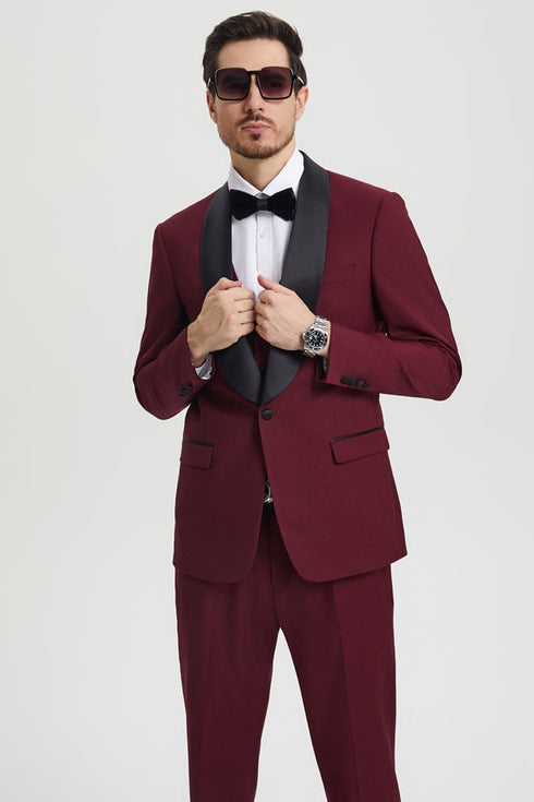 "Mens Stacy Adams Suit - Stacy Adams Suit Men's Designer Tuxedo - Vested One Button Shawl Lapel in Burgundy"