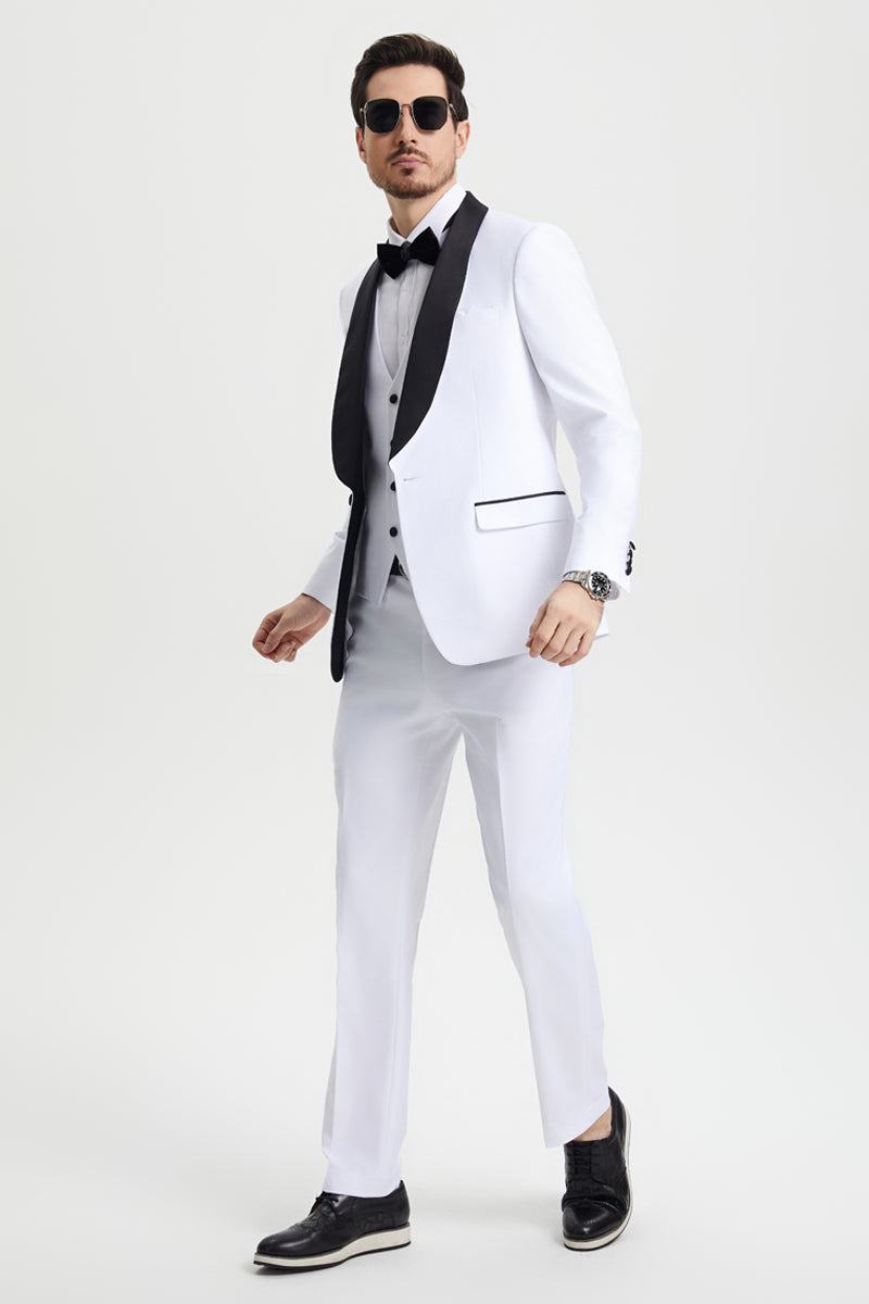 Men's white Stacy Adams tuxedo with a shawl lapel. Features a one-button closure, black lapel/pocket accents, and matching white trousers. Designer style.

