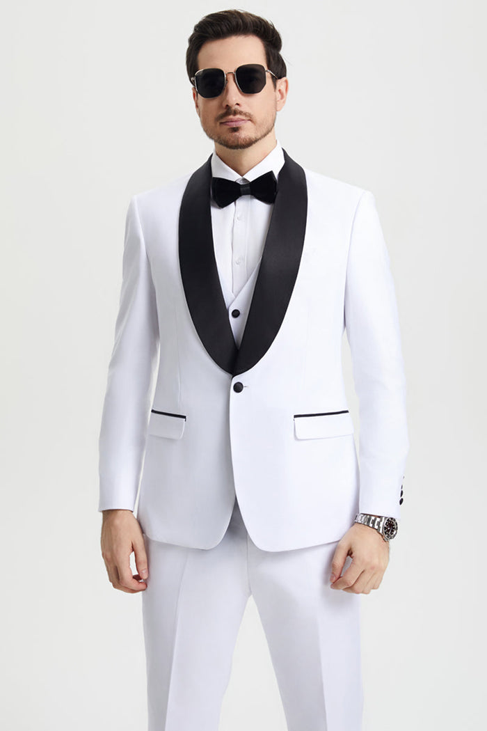 White Stacy Adams tuxedo with black satin shawl lapel. Single-button closure, two pockets, and matching trousers/vest. Designed for men.
