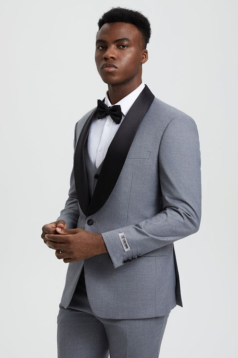 "Mens Stacy Adams Suit -Stacy Adams  Suit Men's Designer Vested Tuxedo, One Button Shawl Lapel in Grey"