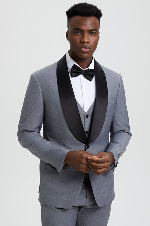 Mens Stacy Adams Suit -Stacy Adams Suit Men's Designer Vested Tuxedo, One Button Shawl Lapel in Grey