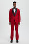 Men's red Stacy Adams tuxedo with a single-button jacket, shawl lapel, and black accents. Includes matching vest and tailored trousers. Smooth fabric.
