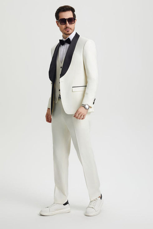 Mens Stacy Adams Suit - Stacy Adams Suit Men's Designer Tuxedo - Ivory, Vested One Button Shawl Lapel