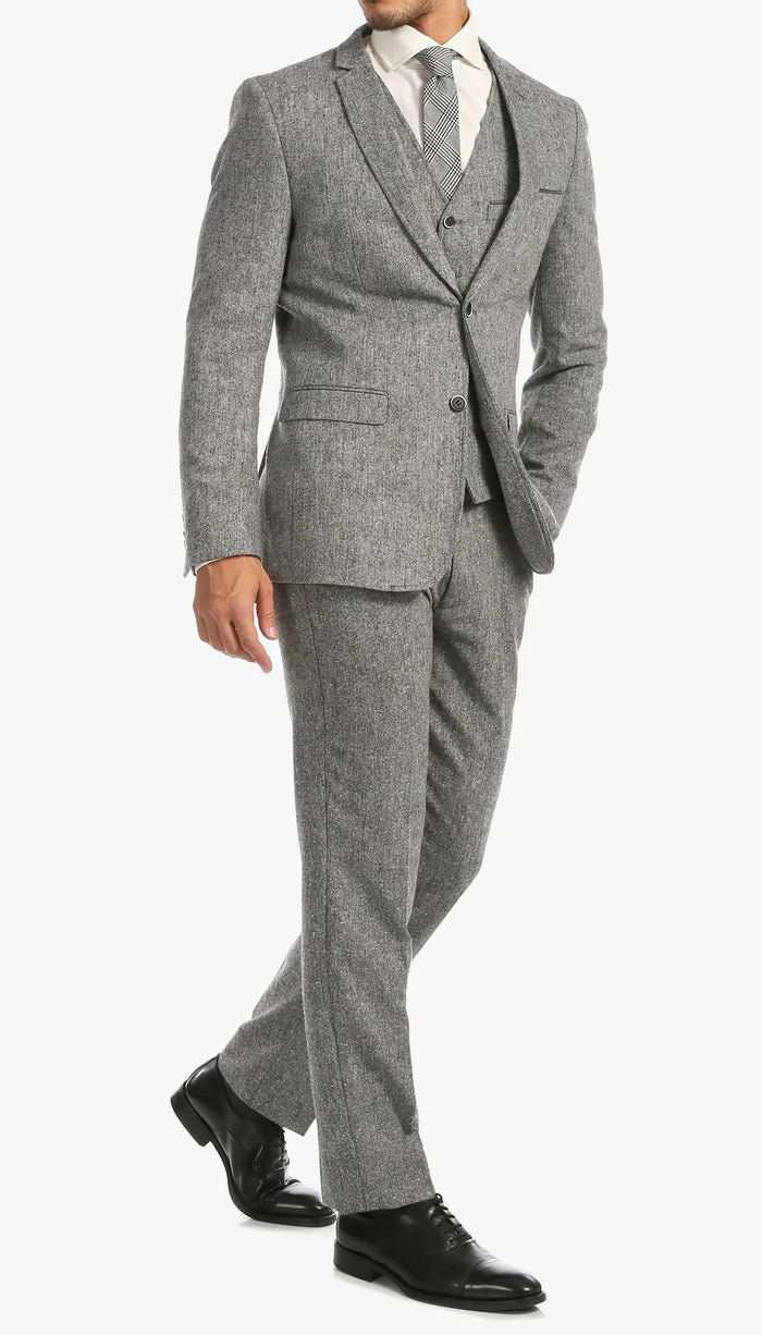 Mens Grey Tweed Three Piece Suit Vintage British Fabric Slim Fit Wedding & Business Wear