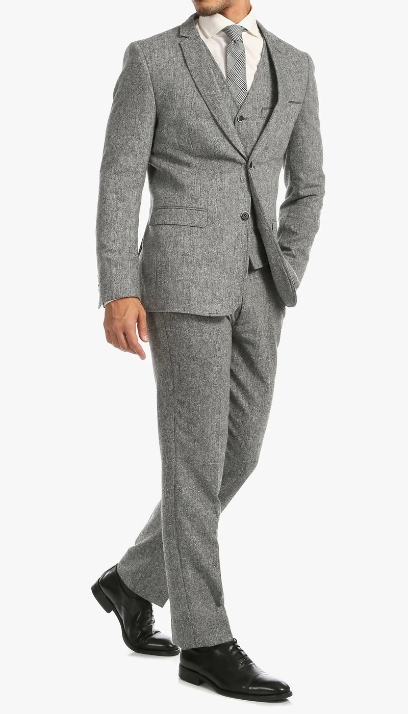 Mens Grey Tweed Three Piece Suit Vintage British Fabric Slim Fit Wedding & Business Wear