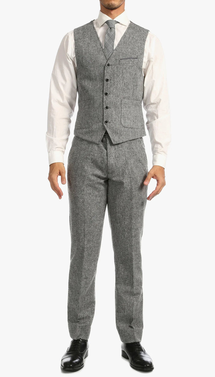Mens Grey Tweed Three Piece Suit Vintage British Fabric Slim Fit Wedding & Business Wear