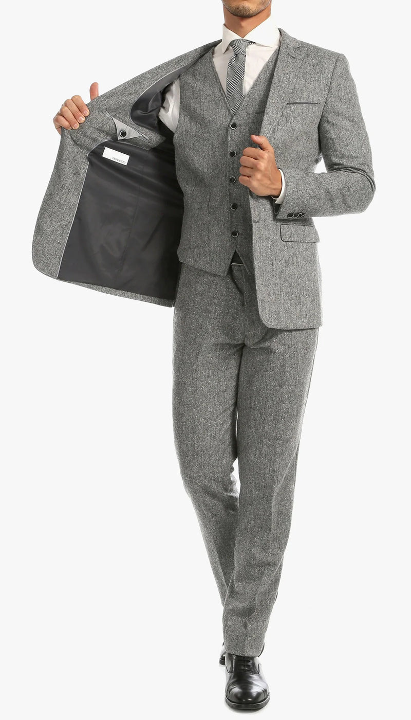 Mens Grey Tweed Three Piece Suit Vintage British Fabric Slim Fit Wedding & Business Wear