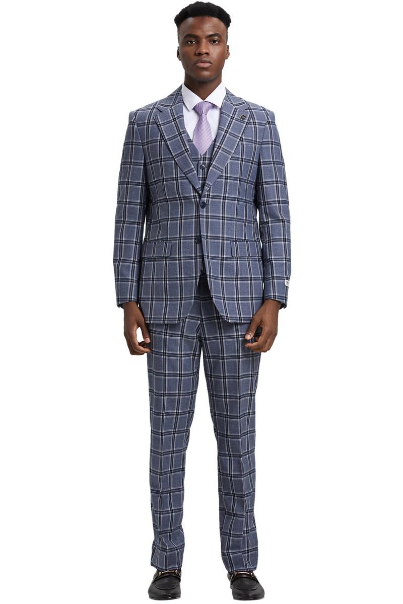 The men's Stacy Adams two-button vested suit features a grey glen plaid check pattern. The jacket has a notched lapel and two front pockets, while the trousers are tailored to match. 