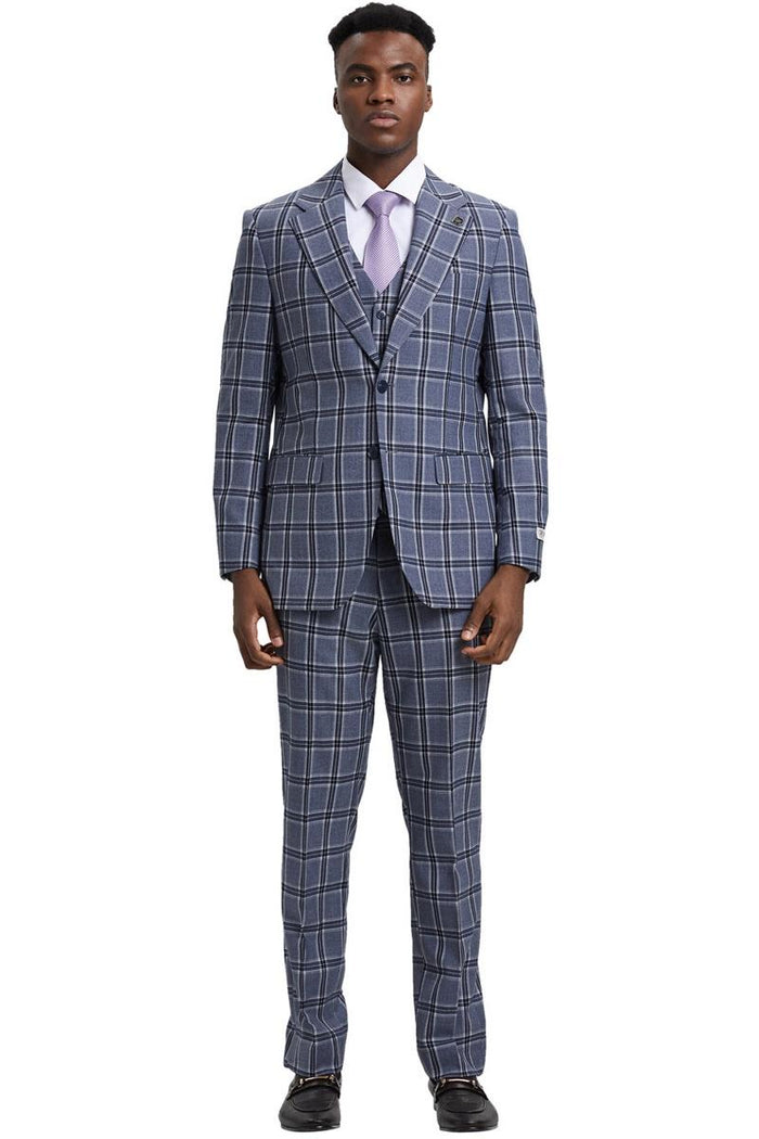 The men's Stacy Adams two-button vested suit features a grey glen plaid check pattern. The jacket has a notched lapel and two front pockets, while the trousers are tailored to match. 