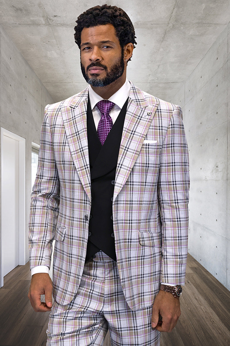 Men's tailored-fit grey-tan glen plaid wool suit with peak lapels. Single-button jacket, matching vest. Pattern: grey, tan, purple, black lines. Stylish, structured design.
