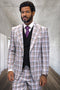 Men's tailored-fit grey-tan glen plaid wool suit with peak lapels. Single-button jacket, matching vest. Pattern: grey, tan, purple, black lines. Stylish, structured design.
