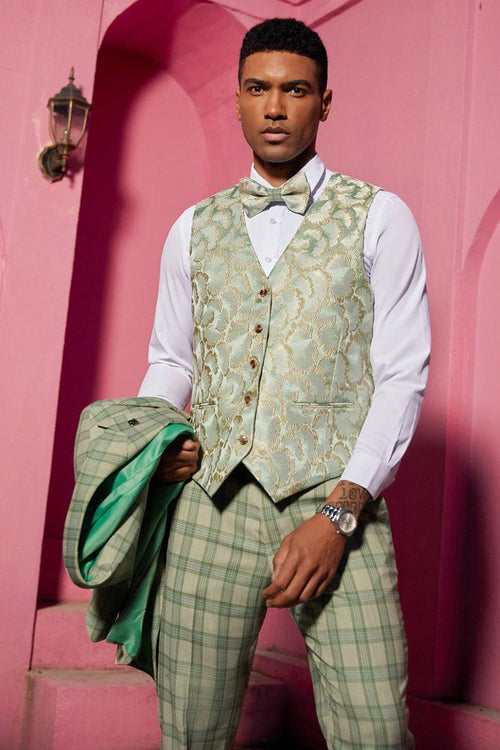 "Mens Stacy Adams Suit - Stacy Adams Men's Plaid Suit with Paisley Vest & Bow Tie - Sage Green"