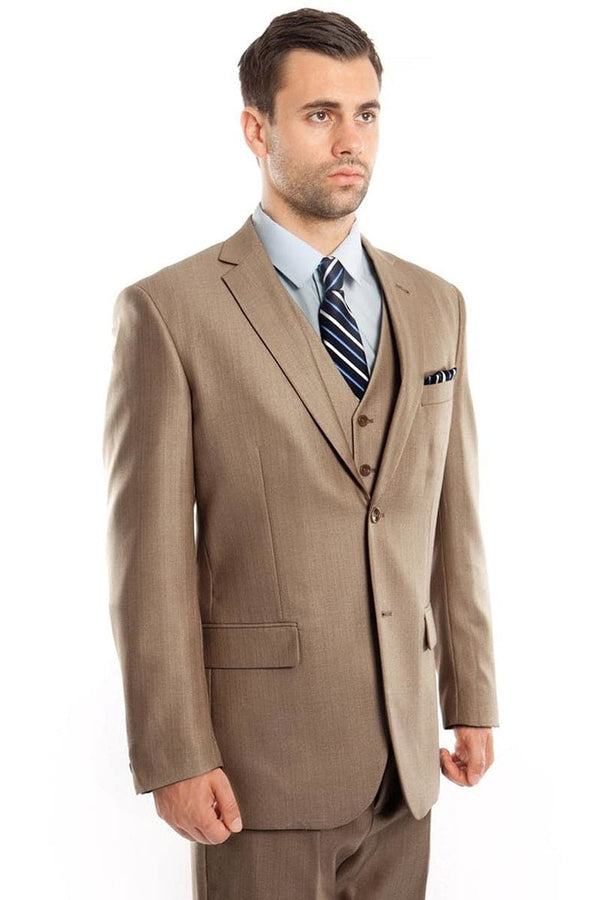 "Sharkskin Business Suit for Men - Two Button Vested in Dark Tan"