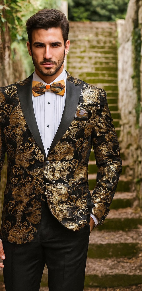 Velvet Floral Paisley Men's Tuxedo Jacket - Modern Fit In Gold & Black