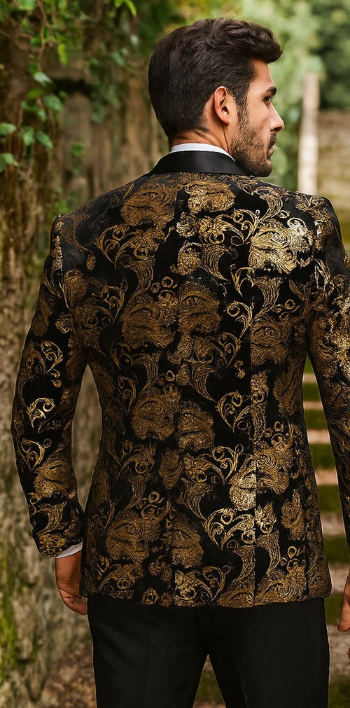 Velvet Floral Paisley Men's Tuxedo Jacket - Modern Fit In Gold & Black