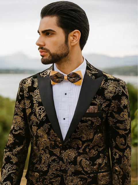 Velvet Floral Paisley Men's Tuxedo Jacket - Modern Fit In Gold & Black