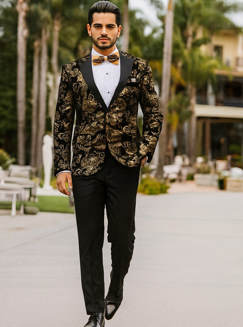 Velvet Floral Paisley Men's Tuxedo Jacket - Modern Fit In Gold & Black