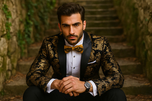 Velvet Floral Paisley Men's Tuxedo Jacket - Modern Fit In Gold & Black