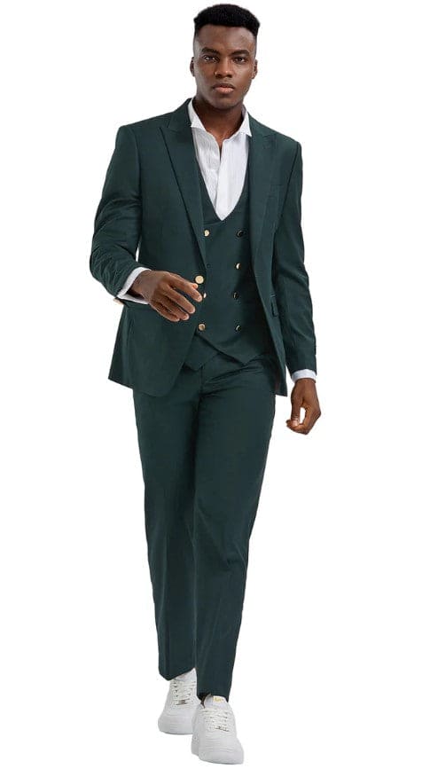 Men's One Button Peak Lapel Vested Suit with Gold Buttons in Four Button Vest Hunter Green