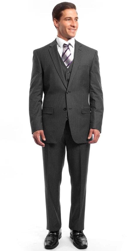 Mens Grey Pinstripe Suit V-Neck Vest Regular Fit - Gray Pinstripe Suit