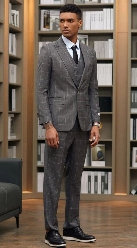 Men's Stacy Adams One Button Peak Lapel Suit with Double Breasted Vest in Charcoal Windowpane