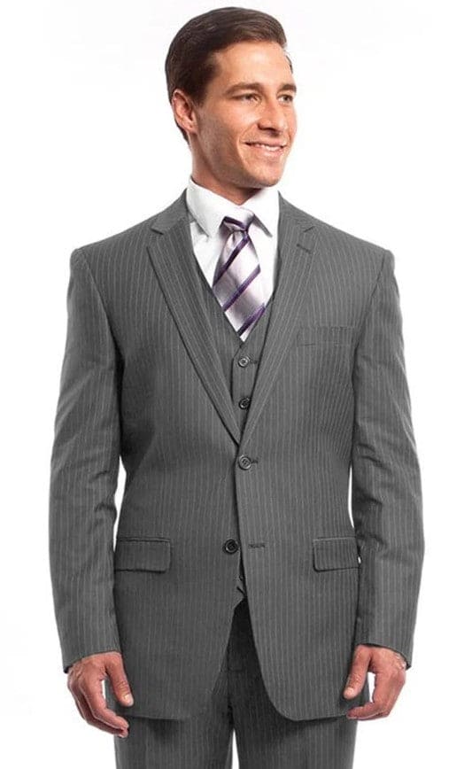 Mens Grey Pinstripe Suit Vested Business Suit in Light Grey - Gray Pinstripe Suit