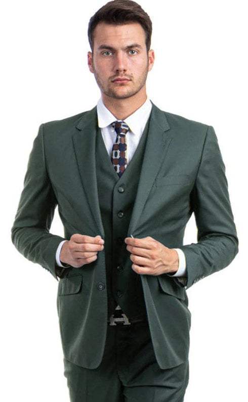 Men's Designer Two Button Notch Lapel Modern Fit Vested Wool Suit in Olive Green