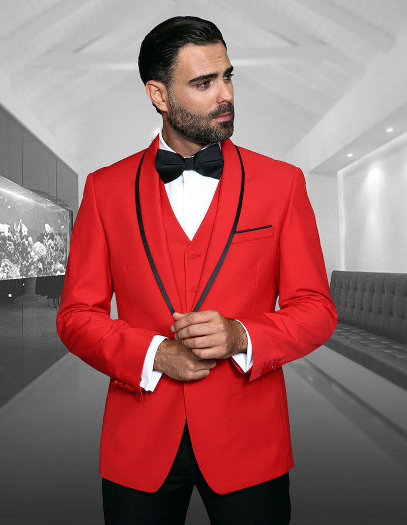 Red wool tuxedo with shawl lapel and satin trim. Black detailing, button closures, and fitted shape. Men's formal wear.
