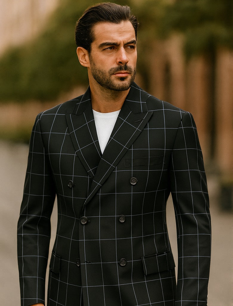 1920's Mens Vested Bold Gangster Vintage Plaid Suit With White Vest in Black