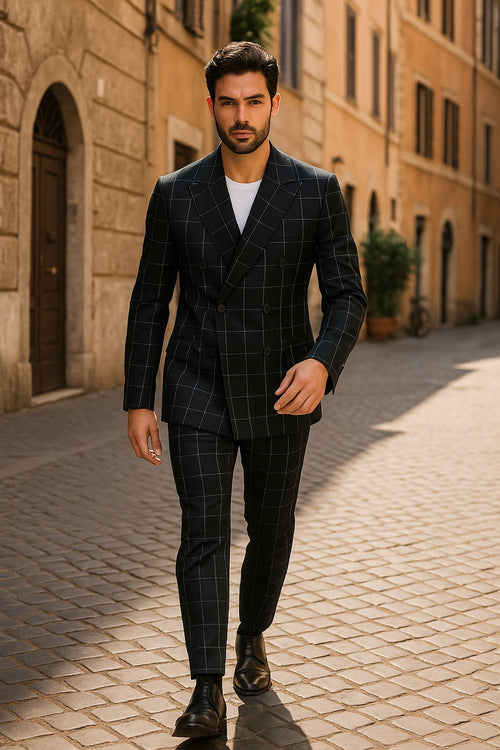 1920's Mens Vested Bold Gangster Vintage Plaid Suit With White Vest in Black