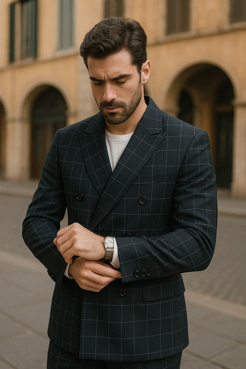 1920's Mens Vested Bold Gangster Vintage Plaid Suit With White Vest in Black